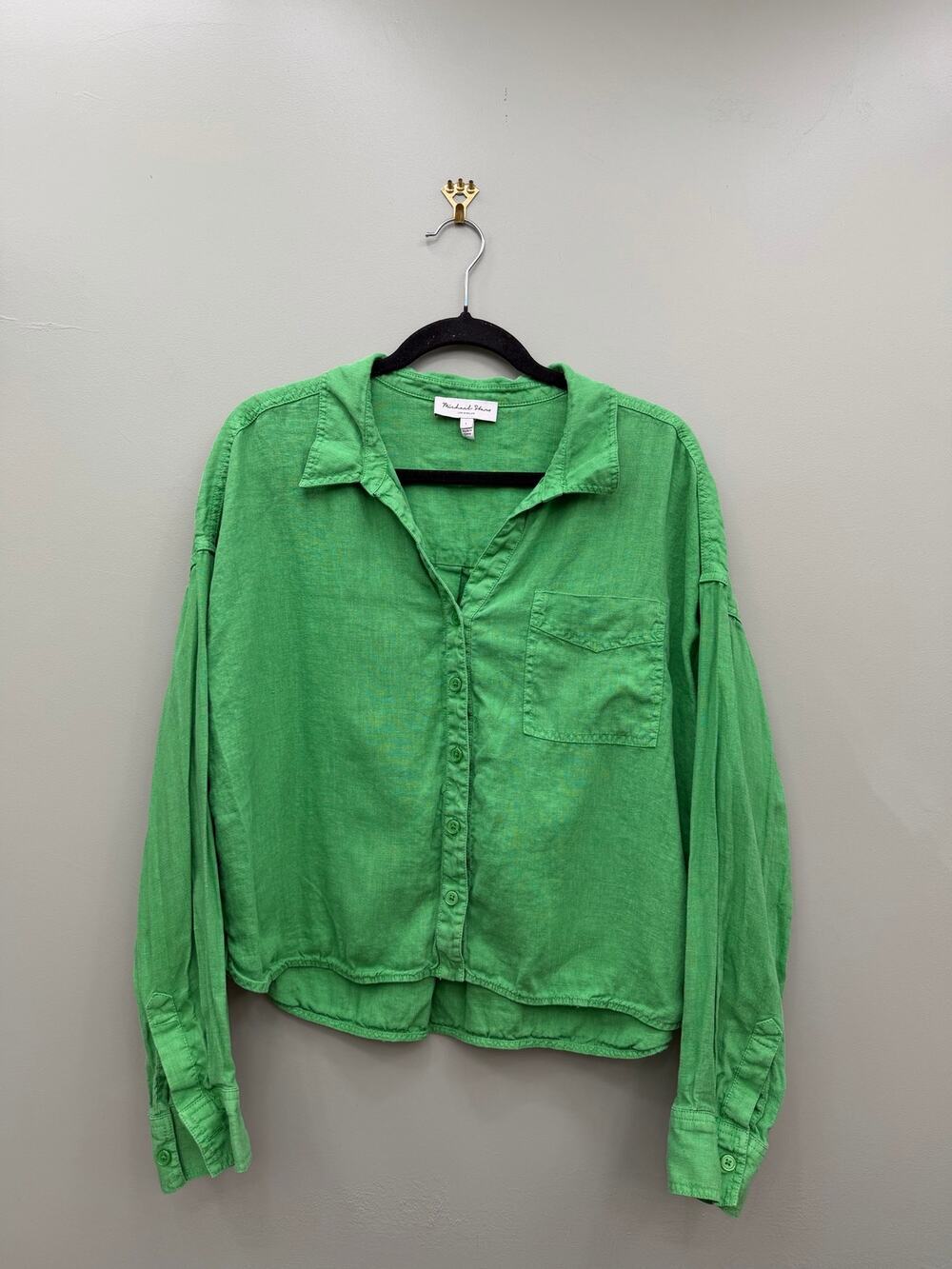 Michael Stars 100% Linen Green Button Front Cropped Shirt Size L